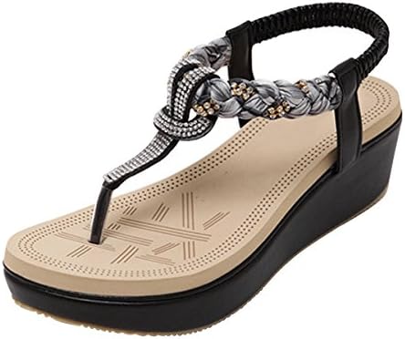 LUXINYU Women's Bohemian Platform Sandals Rhinestone Bead Wedge Shoes Thong Sandal