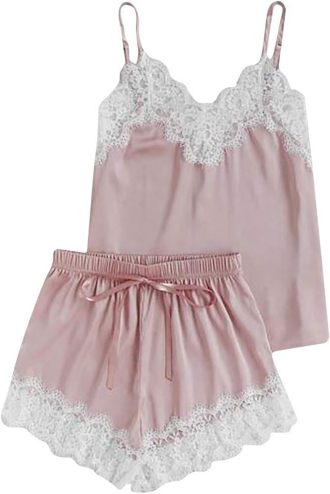 Women's Fashionable Lace Trim Satin Sleeveless Sling Top Pajama Set