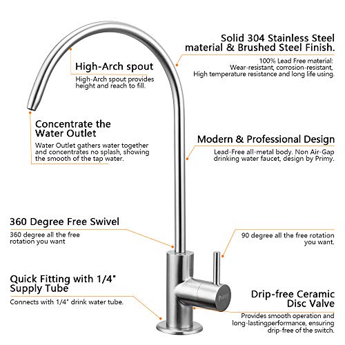 Primy 100% Lead-Free Drinking Water Filter Faucet with Single Handle for Water Filtration Systems & Reverse Osmosis Systems - Spot Resist SUS304 Stainless Steel - Brushed Nickel Steel Finish