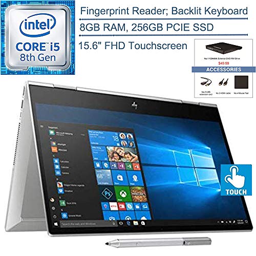 2020 HP Envy x360 15.6″ FHD Touchscreen 2-in-1 Laptop Computer, 8th Gen Intel Quad-Core i5-8265U (Beats i7-7500U), 8GB DDR4 RAM, 256GB PCIe SSD, Pen, Windows 10, YZAKKA USB External DVD + Accessories
