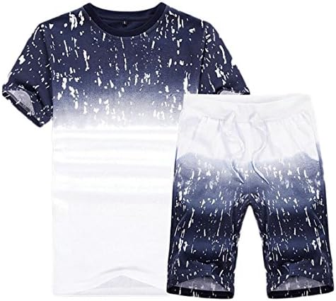 yibiyuan Men Short Sleeve Cowl Neck Lace-up Stretchy Waist Gradient Casual Suits Dark Blue S