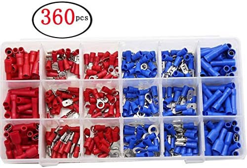360pcs Wire Terminals Crimp Connectors, Mixed Assorted Insulated Spade Crimp Terminal Electrical Wire Connector Set Spade Ring Copper Terminal Kit 2 Color Red Blue Box-Packed