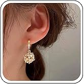 Erimberate Bohemian Crystal Pearl Dangle Earrings Gold Cz Circle Hoop Earring Round Pearl Ball Drop Earring Small Rhinestone Hoop Earrings Jewelry for Women