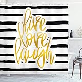 Ambesonne Live Laugh Love Shower Curtain, Romantic Design with Hand Drawn Stripes and Calligraphic Text, Cloth Fabric Bathroom Decor Set with Hooks, 70" Long, White Yellow