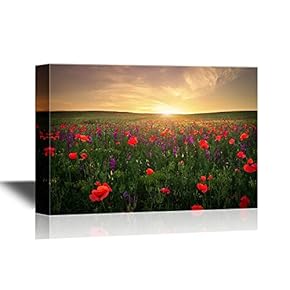 Watercolor Style Canvas Wall Art - Field with Grass, Violet Flowers and Red Poppies Against The Sunset Sky - Gallery Wrap Modern Home Art | Ready to Hang - 12x18 inches