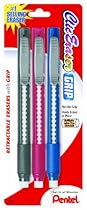 Pentel Clic Retractable Eraser with Grip, Assorted Barrels, 3 Pack (ZE21BP3M)