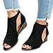 Womens Low Heel Wedge sandals Open Peep Toe Side Cut Out Ankle Buckle Cushioned Strap Summer Suede Shoes