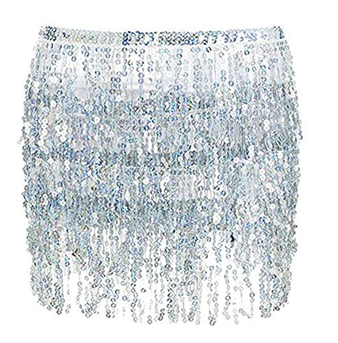 Sexy Women's Summer Beach Wrap Sequins Tassel Mini Skirts Music Festival Hip Scarf Belt Skirt (Silver, OneSize)