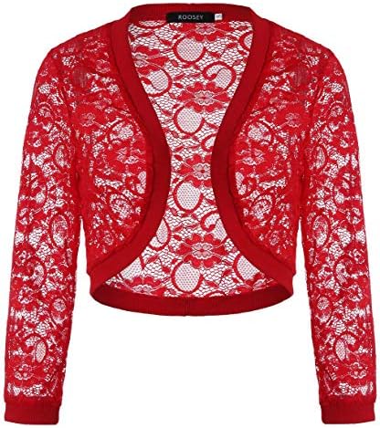 ROOSEY Women's Bolero Lace 3/4 Sleeve Sheer Shrug Crochet Cardigan for Dresses