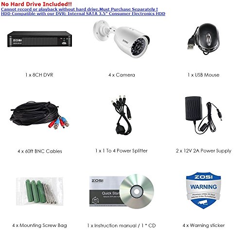 ZOSI 720P 8-Channel Home Security Camera System,1080N HD-TVI CCTV DVR Recorder and (4)1.0MP 720P(1280TVL) Night Vision Indoor/Outdoor Weatherproof Surveillance Bullet Cameras(No Hard Drive)