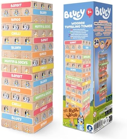 Bluey Tumbling Tower Game - 54 Colourful FSC-Certified Wooden Blocks, Hand-Eye Coordination & Motor Skills Family Game, Eco-Friendly Fun for Kids Aged 3+, Durable & Non-Toxic