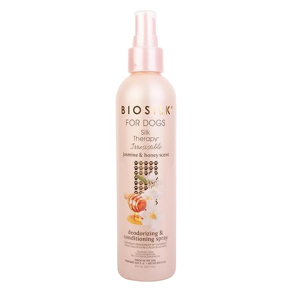 BIOSILK FOR DOGS SILK THERAPY IRRESISTIBLE DEODORIZING AND CONDITIONING SPRAY, SCENTED, JASMINE AND HONEY SCENT, PARABEN FREE, MADE IN THE USA, 8 FL OUNCES
