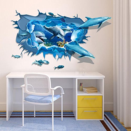 Iuhan Fashion 3D Dolphin Floor/Wall Sticker Removable Mural Decals Vinyl Art Living Room Decor