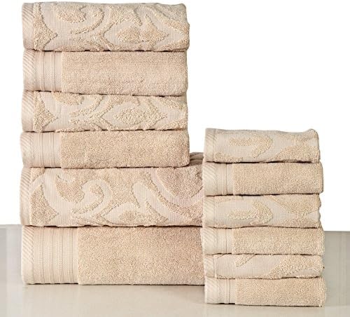 600 GSM Cotton 12 Piece Towel Set (Linen): 1 Jacquard and 1 Solid Bath Towel, 2 Jacquard and 2 Solid Hand Towels, 3 Jacquard and 3 Solid Washcloths, Long-staple Cotton, Absorbent, Machine Washable