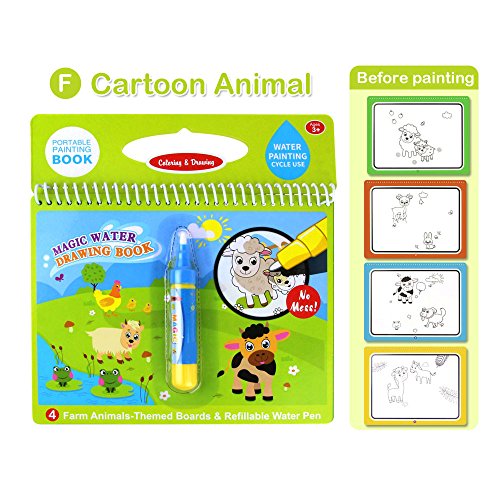 Jenilily Magic Water Drawing Book Coloring Book Doodle with Magic Pen Painting Board for Children Education Drawing Toy (F Cartoon Animal)