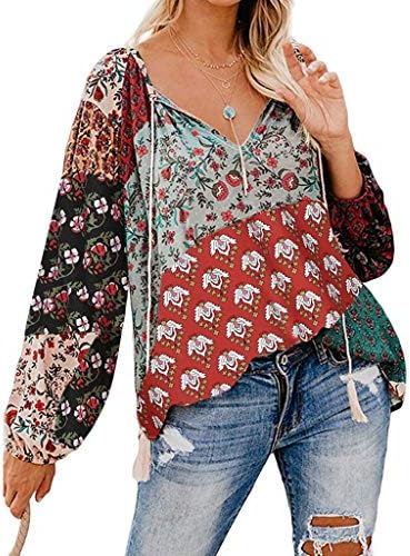 Long Sleeve for Women Tops,Ladies Casual V Neck Floral Print T-Shirt Loose Drawstring Tunic Blouses Tops Gogoodgo