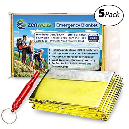 Zenwells Solar Blankets 5 Pack Mylar Thermal First Aid Blanket for