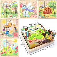 Wooden Cube 3D Puzzle - Insect Animal | Wooden Cubes - 3D Puzzle (6 in 1) with Tray | Developing of Fine Motor Skills, Memory Toys for Kids | Learning Shape, Color and Sorting | Birthday Gift
