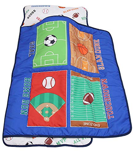 Everyday Kids Toddler Nap Mat with Removable Pillow -Varsity Sports- Carry Handle with Fastening Straps Closure, Rollup Design, Soft Microfiber for Preschool, Daycare, Sleeping Bag - Ages 2-4 Years