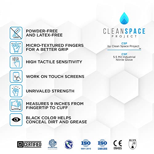 CLEAN SPACE PROJECT CSP Black Nitrile Gloves, Extra Thick 5.5 Mil