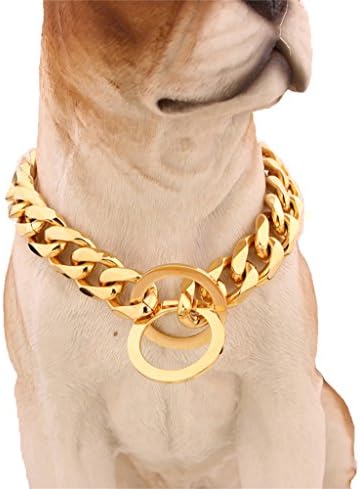 Strong Stainless Steel Curb Cuban Chain Metal Choke Collar Dog Training Collars Necklace Pet Neck Rope 16 inches (15mm Wide)