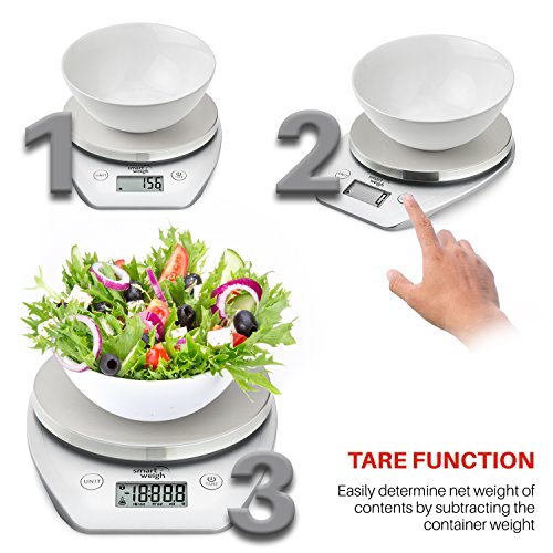 Smart Weigh Multifunction Digital Kitchen and Food Scale with Stainless Steel Platform, Large LCD Display and Six Weighing Modes, 11lb/5kg x 1g/0.1oz , Silver