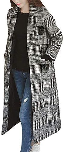 QIQIU Newest Winter Lapel Wool Coat Women's Trench Plaid Long Sleeve Jacket Fashion Overcoat
