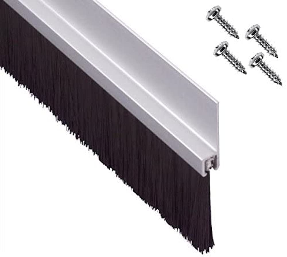 Merriway BH03385 StormSeal Door Bottom Brush Draught Excluder Strip, Screw Fixing Silver Aluminium Metal, 915mm (36 inch)