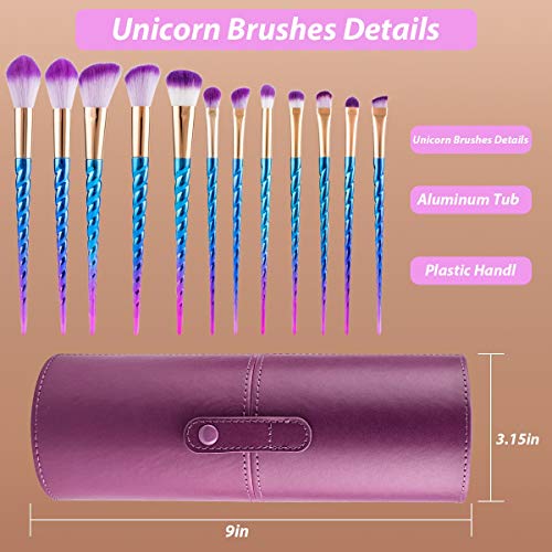 Unicorn Makeup Brushes Set 12pcs Professional Makeup Brushes with Color Bristles Foundation Face Eyebrow Eyeliner Eye-Shadow Brush Cosmetic Conceler Brushes Kit Tool with Case Holder for Women Girlc