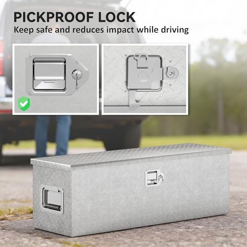 HOMCOM 48 Inch Truck Bed Tool Box, Heavy Duty Aluminum Diamond Plate Trailer Tongue Box with Side Handle and Locks Keys, Storage Organizer for Trailers, RVs, Pick Up