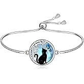 Fenthring Cat Bracelet Moonstone Black Cat Butterfly Bracelets for Women Sterling Silver Adjustable Friendship Remembrance Gifts