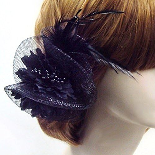 Floral Mesh Rosette & Feather Fascinator Hair Clip/Brooch Pin--Black
