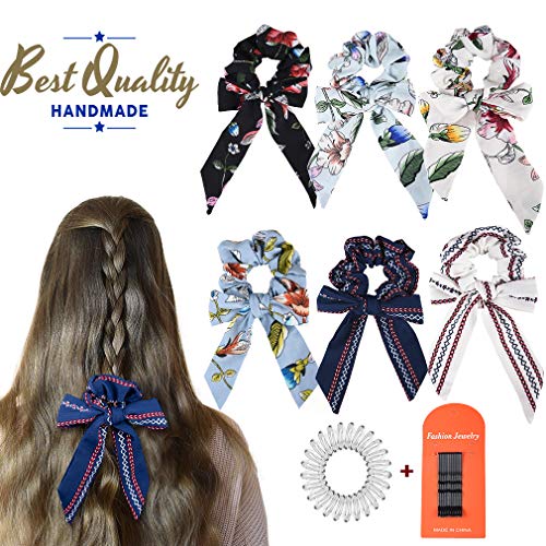 6pcs Hair Scrunchies Bowknot Ribbon Elastics Hair Bands Scrunchy
