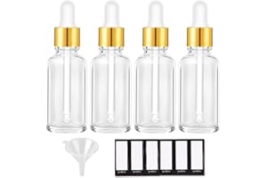 PrettyCare Eye Dropper Bottles 2 oz 4 Pack (Glass Bottles 60ml with Golden Caps, 12 Labels, Funnel & Measured Pipettes) Empty for Essential Oils (Clear)