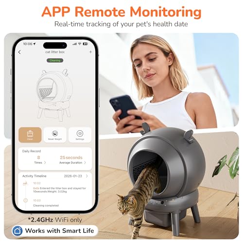 Automatic Self Cleaning Litter Box, Cat Litter Box, Robot Litter Box | APP Control, 65L Globe, Dual Safety Sensors, 1 Roll Garbage Bags, Litter Mat, <35DB, Grey