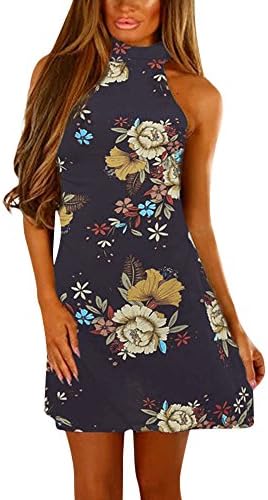 Hengshikeji Womens Dress Summer O-Neck Boho Sleeveless Floral Printed Beach Mini Dress Casual T-Shirt Short Dress