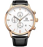 BINGER Men's Date Multifunction Chronograph Watches with Stopwatch Timer Black Leather Strap (white dial rose gold case)