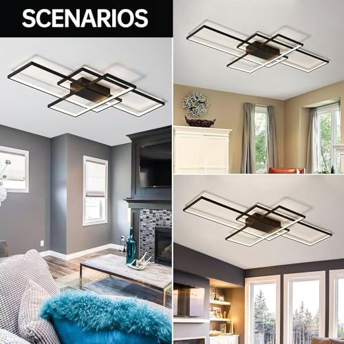 ASJK Ceiling Light Living Room 60 W Modern LED Ceiling Light Square 3000 K 6000 K Geometric Multifunctional Ceiling Lighting with Remote Control for Living Room (80 cm, Black)