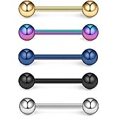 ROSTIVO Tongue Rings for Women Stainless Steel Stud Barbell Tongue Ring for Men 14 Gauge Mix-color Piercing Jewelry 5 PCS