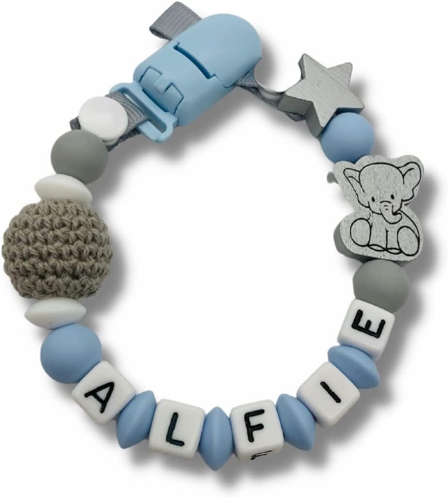 Fluffy Clouds Personalized Pacifier Clip Holder Silicone Wood Elephant Baby