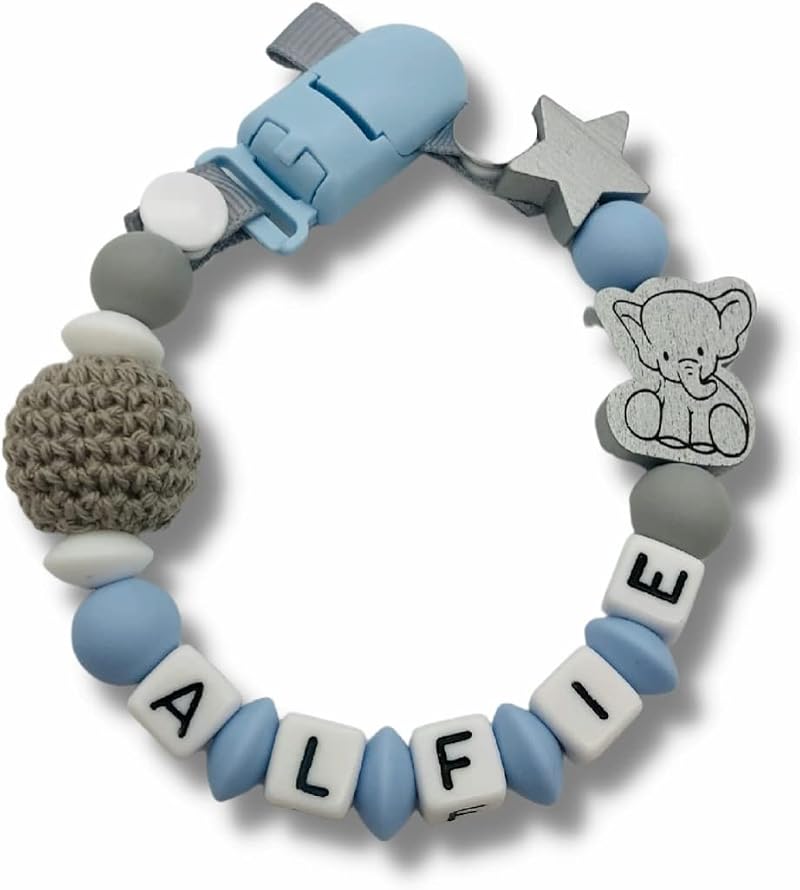 Fluffy Clouds Personalized Pacifier Clip Holder Silicone Wood Elephant Baby