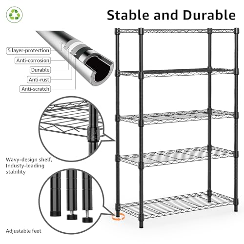 M MZG Heavy Duty Metal Shelving Unit with 5 Levels, up to 567 kg, Adjustable Shelves for Garage, Workshop and Warehouse, Studio, Black, 35 x 60 x 159 cm