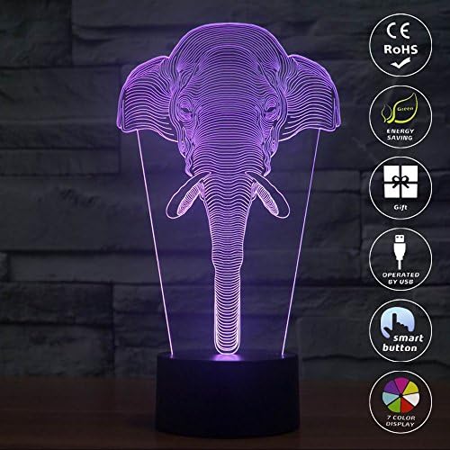 Tons 3D Lamp Illusion Dinosaur Baby Shape Acrylic Table Night Light for Boys cool Birthday Gift Colorful 7 Colors With USB Touch (Elephant)