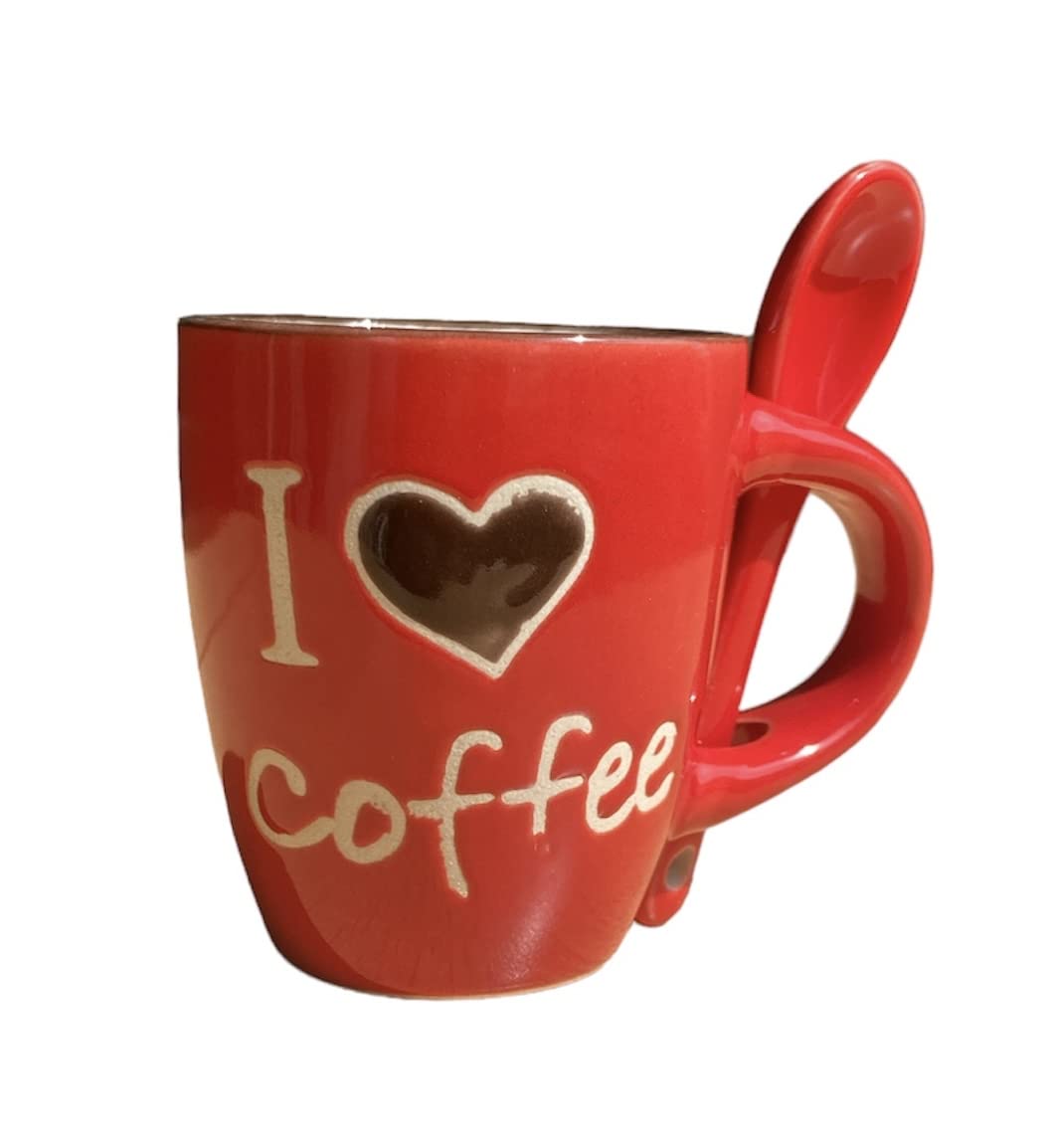GMM Coffee Mug, Ginseng, Ceramic with Integrated Spoon, Red and White with "I Love Coffee" Writing, Height 6.5 cm, Capacity 65 ml