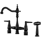 ALEASHA Bridge Centerset Kitchen Sink Faucet, Deck Mount Brass Kitchen Faucet with Side Sprayer, 2 Handle 4 Hole 360° Swivel 