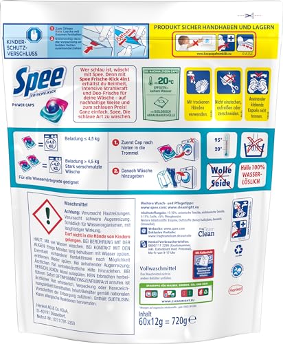 Spee Power Caps Deo-Frische Kick 120 (2x60 Waschladungen), 4+1-Formel für 24h Frische, Temperaturbereich 20°-95°C thumbnail 2