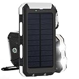 Solar Charger, Solar Power Bank 10000mAh External Backup Battery Pack Dual USB Solar Panel Charger with 2LED Light Carabiner Compass Portable for Emergency Outdoor Camping Travel-White