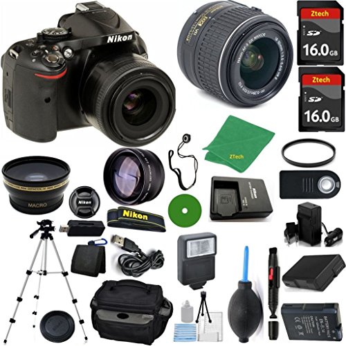 Nikon D5200 DSLR - International Version (No Warranty), 18-55mm f/3.5-5.6 DX VR, 2pcs 16GB Memory, Camera Case, Wide Angle, Telephoto, Flash, Battery, Charger Nikon D5200 DSLR - International Version (No Warranty), 18-55mm f/3.5-5.6 DX VR, 2pcs 16GB Memory, Camera Case, Wide Angle, Telephoto, Flash, Battery, Charger