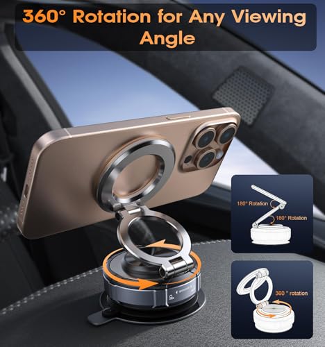 Uniiking® Upgraded Suction Cup Phone Car Mount 360° Zinc Alloy Phone Stand Vacuum Magnetic Car Holder for Mag-Safe Mount 98 LBS Ultra Accessories for iPhone 16 15 14 13 12 Android