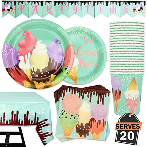 82 Piece Ice Cream Party Supplies Set Including Banner, Plates, Cups, Napkins, and Tablecloth, Serves 20 - Thumbnail 6